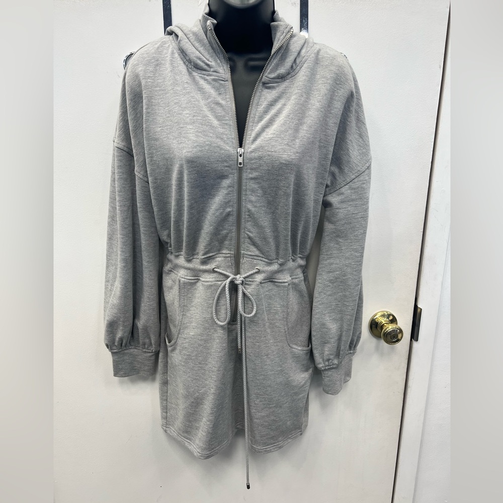 Grey sweater dress with hood